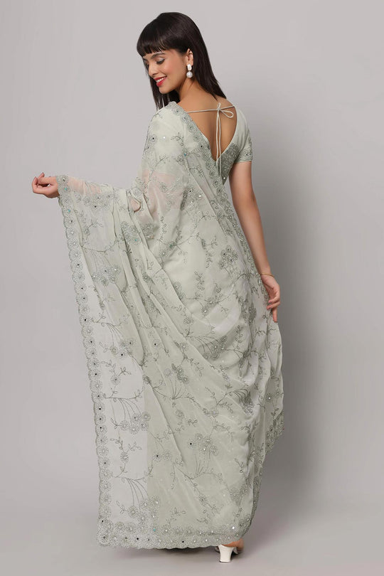 Esha Sea Green Georgette Embroidered Mirror Work Ready to Wear One Minute Saree
