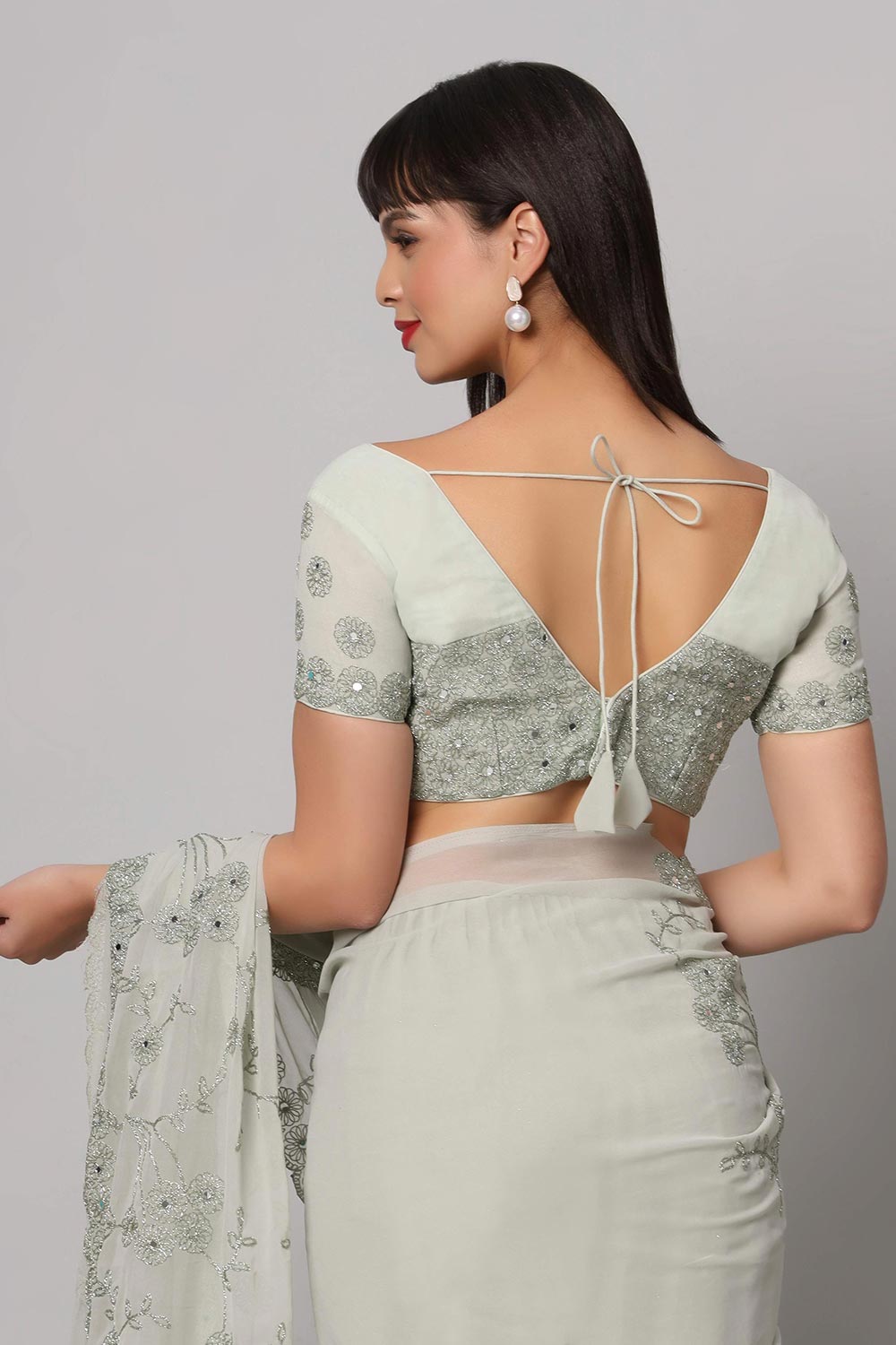 Esha Sea Green Georgette Embroidered Mirror Work Ready to Wear One Minute Saree