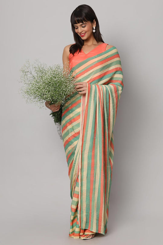 Jini Multi-coloured Georgette Striped Ready to Wear One Minute Saree