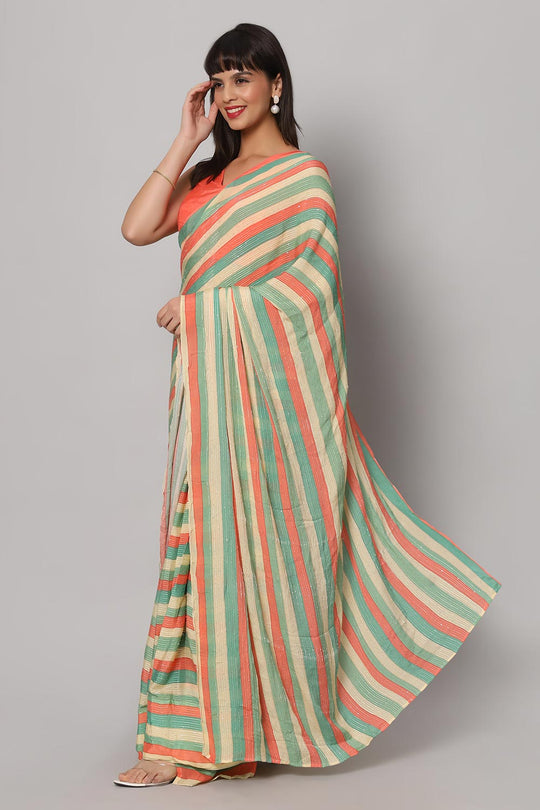 Jini Multi-coloured Georgette Striped Ready to Wear One Minute Saree