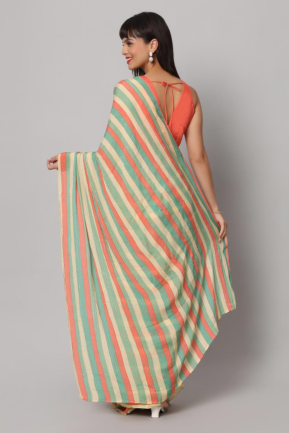 Jini Multi-coloured Georgette Striped Ready to Wear One Minute Saree