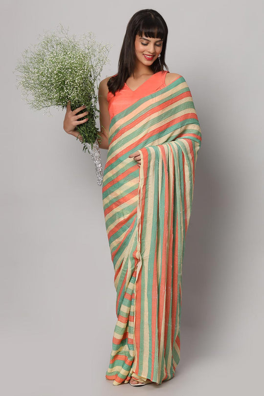 Jini Multi-coloured Georgette Striped Ready to Wear One Minute Saree