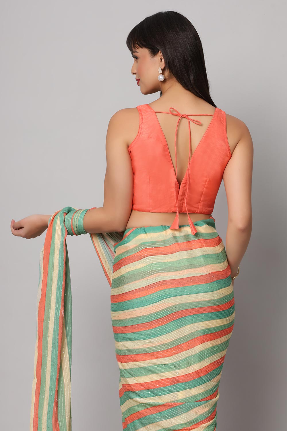 Jini Multi-coloured Georgette Striped Ready to Wear One Minute Saree