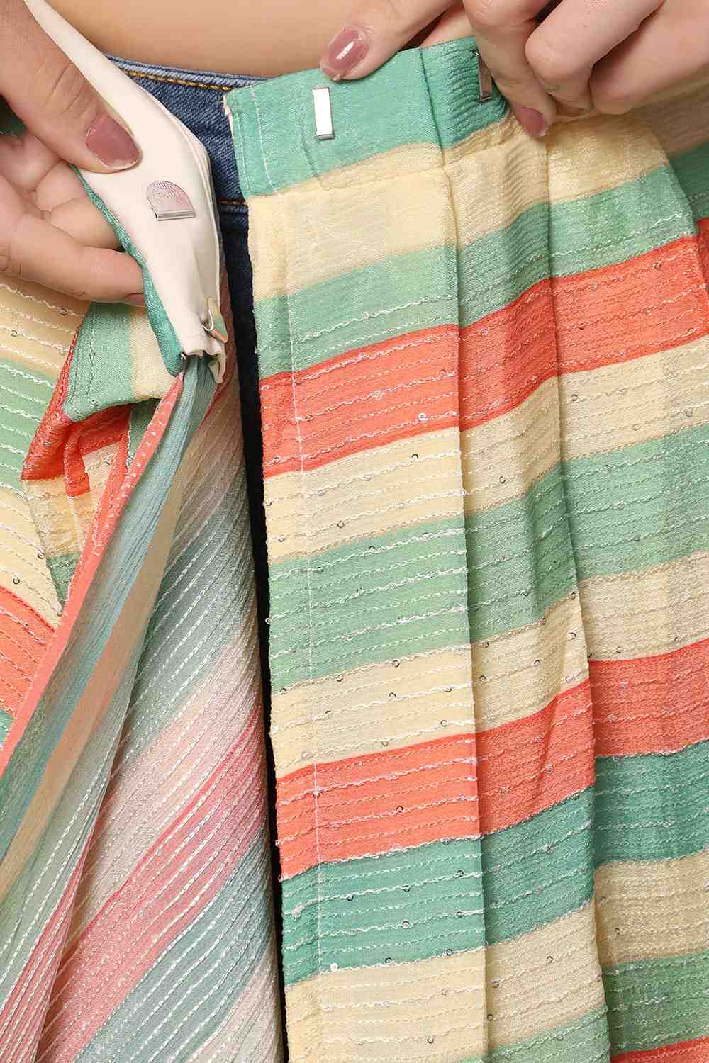 Jini Multi-coloured Georgette Striped Ready to Wear One Minute Saree