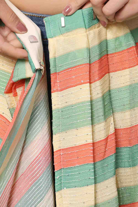 Jini Multi-coloured Georgette Striped Ready to Wear One Minute Saree