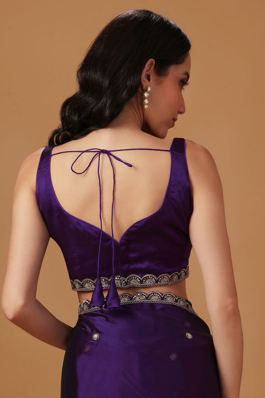 Nina Purple Soft Crepe Zari Thread Embroidered Ready to Wear Saree