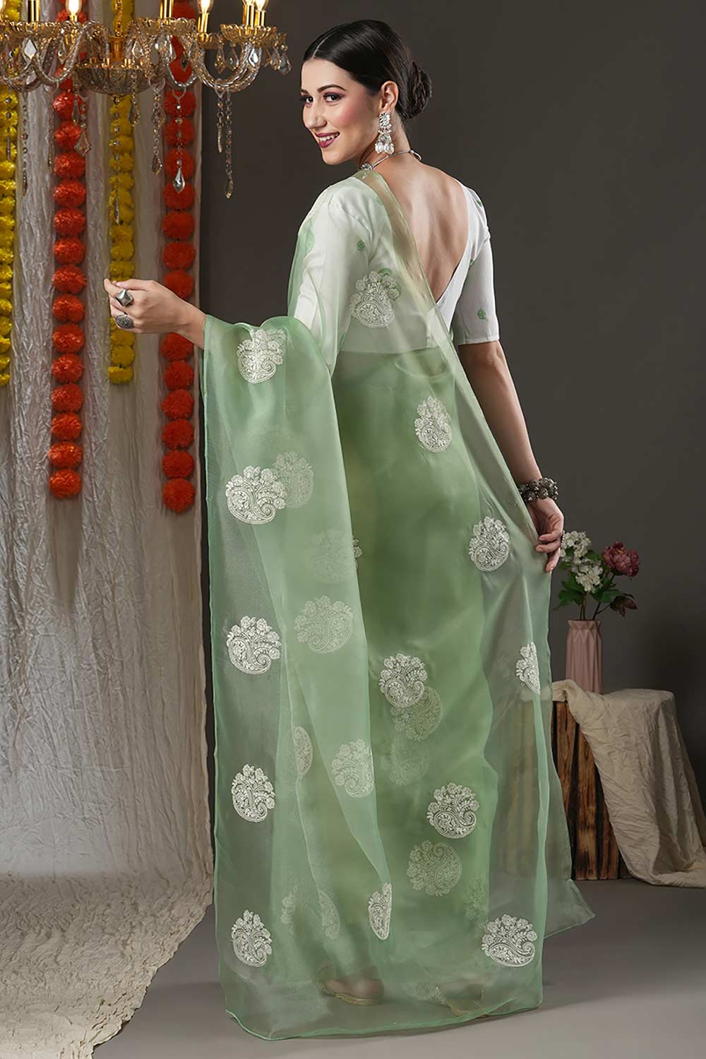 Selena Olive Organza Bagh Embroidered Banarasi One Minute Saree