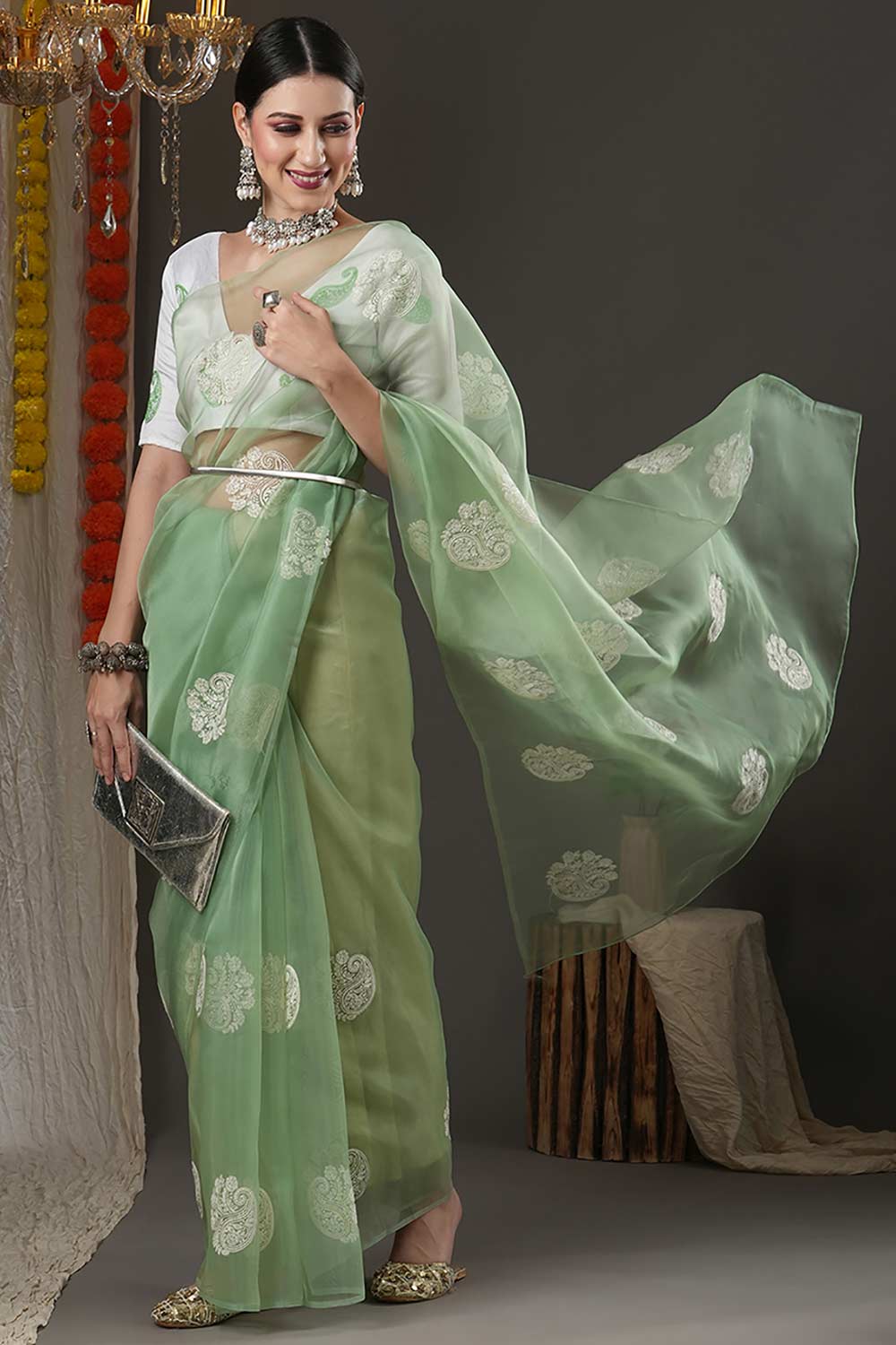 Selena Olive Organza Bagh Embroidered Banarasi One Minute Saree