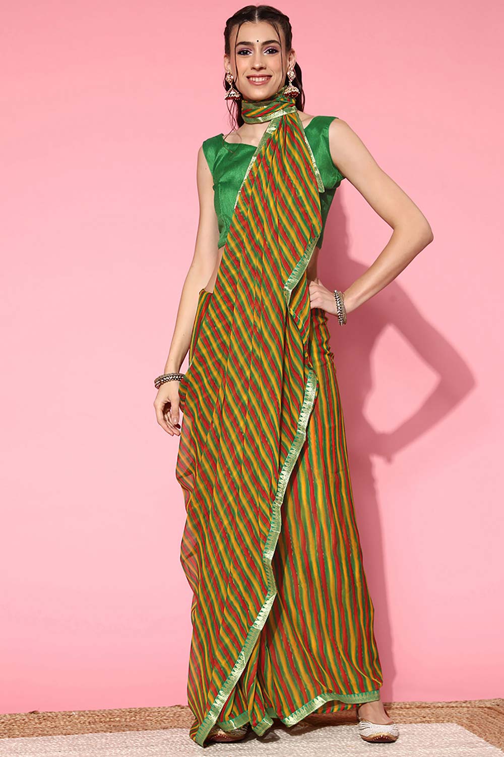 Quinn Green Chiffon Printed One Minute Saree