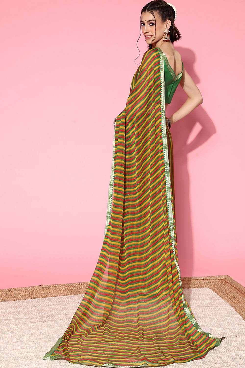 Quinn Green Chiffon Printed One Minute Saree