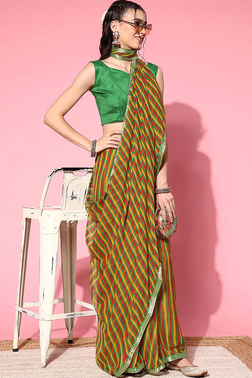 Quinn Green Chiffon Printed One Minute Saree