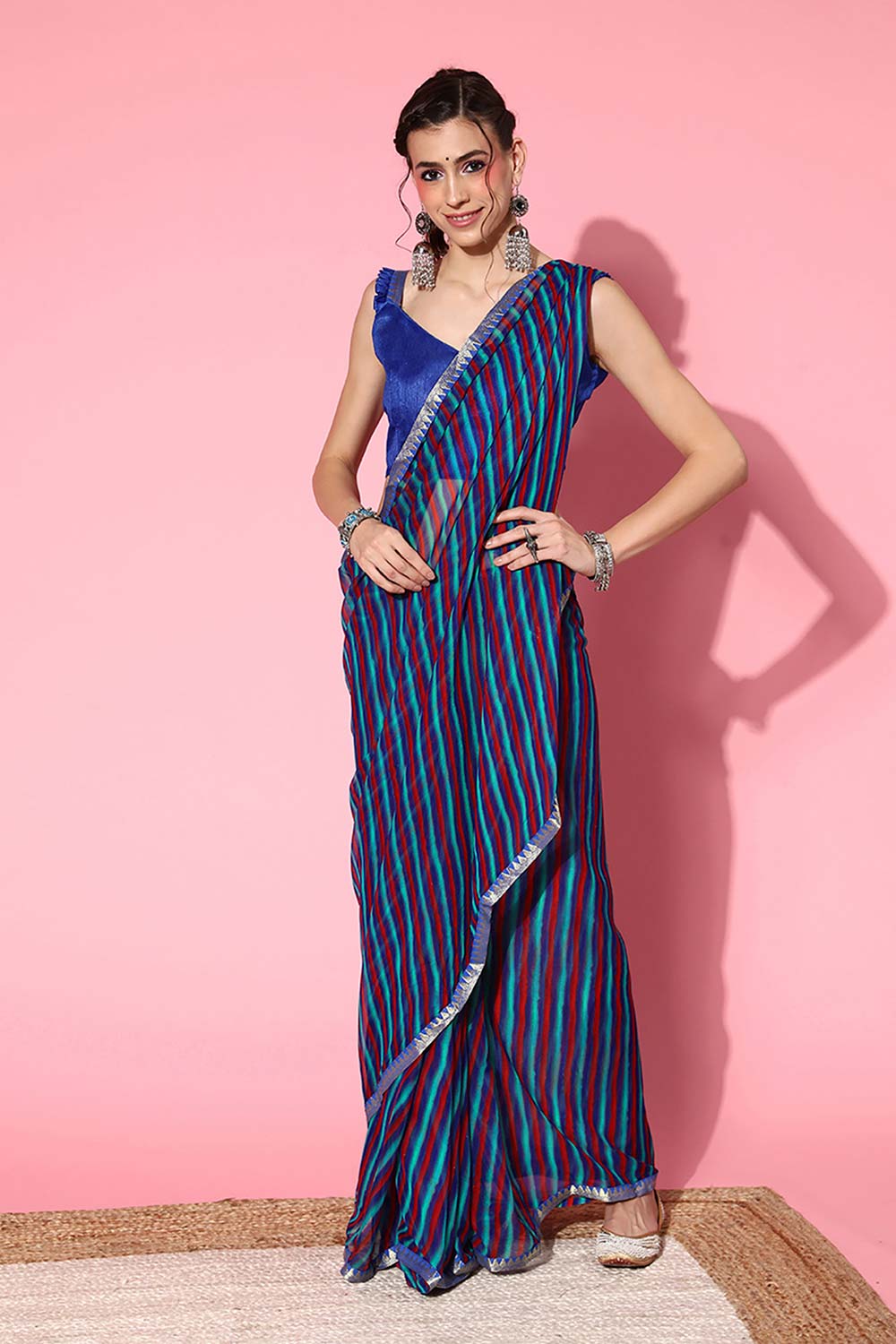 Quinn Blue Chiffon Printed One Minute Saree