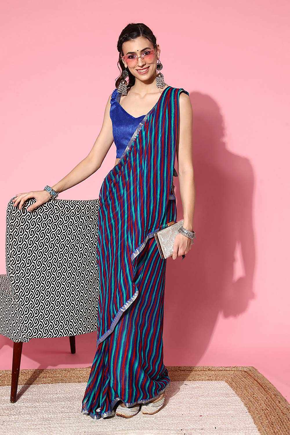 Quinn Blue Chiffon Printed One Minute Saree