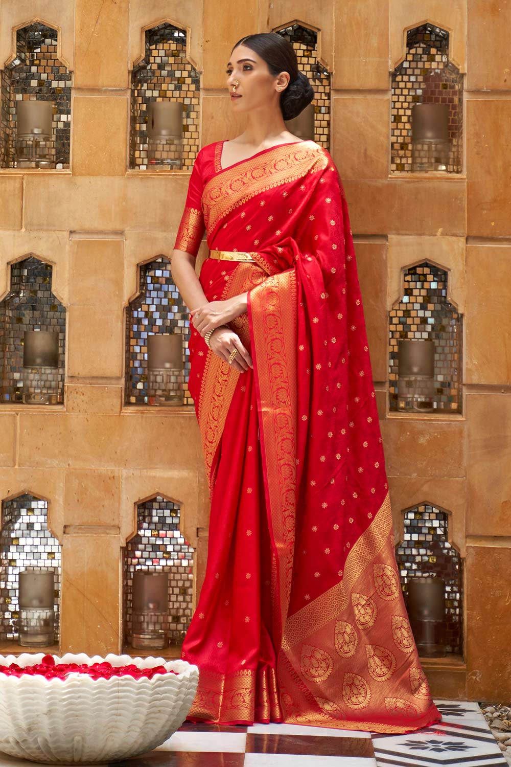 Adina Red Silk Embroidered Lace One Minute Saree