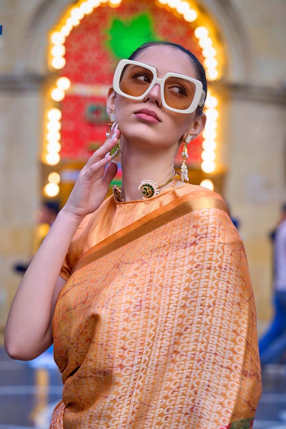 Leana Orange Print Viscose Crepe One Minute Saree