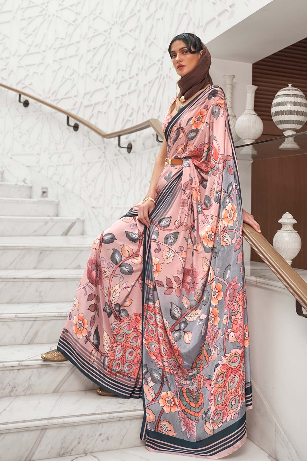 Kalamkari Light Pink Digital Printed Pure Silk One Minute Saree
