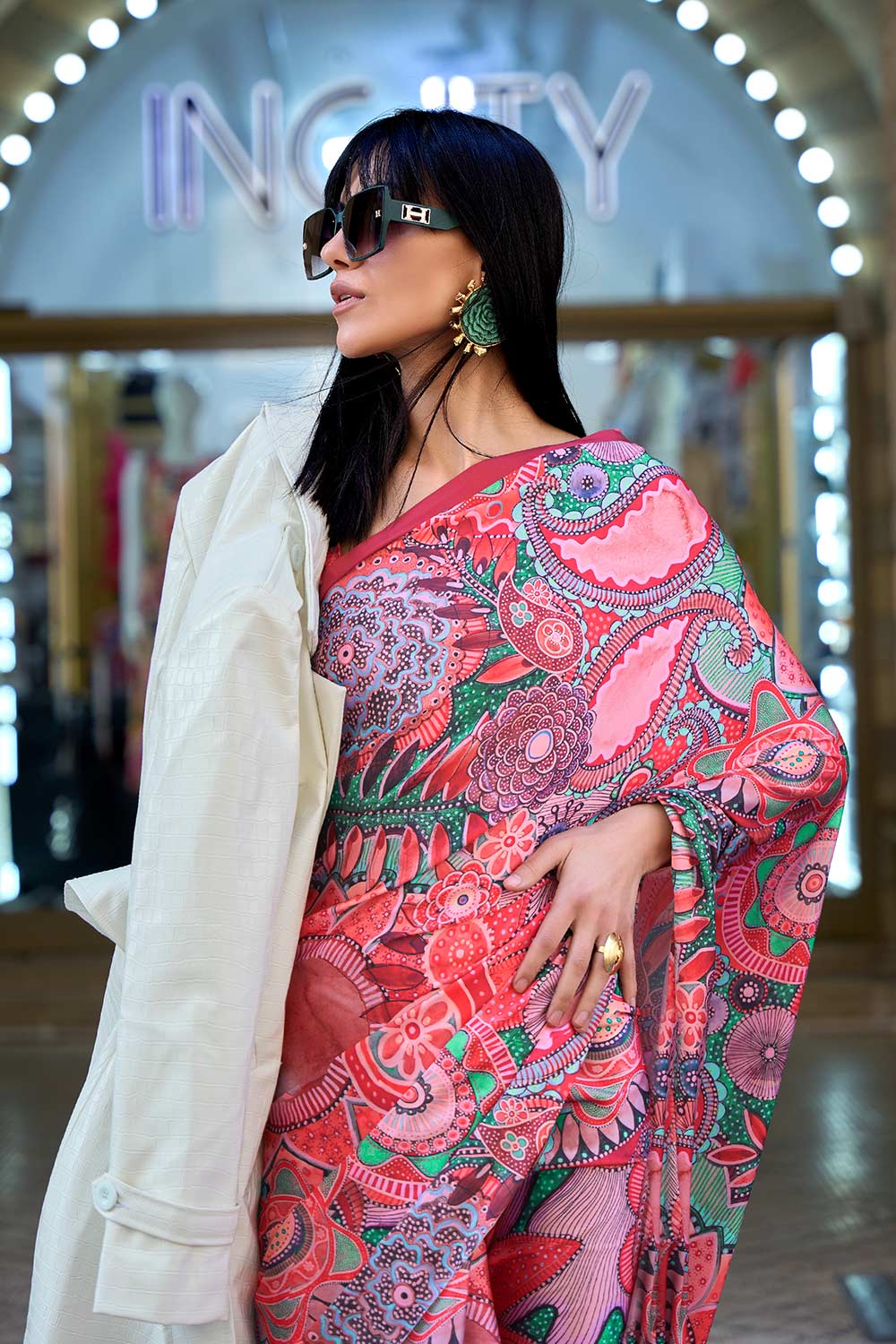 Sage Pink Digital Printed Satin One Minute Saree