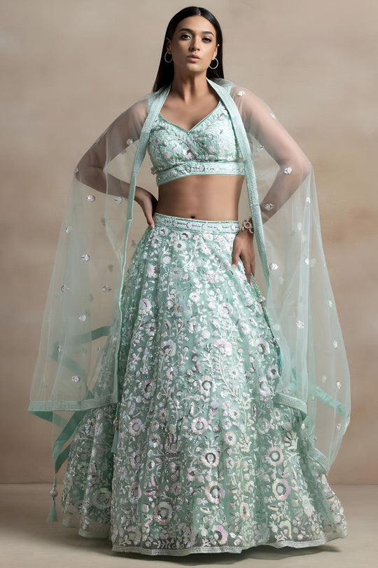 Liliana Blue Soft Net Thread &amp; Sequins Embroidery Work Ready to Wear Lehenga Saree