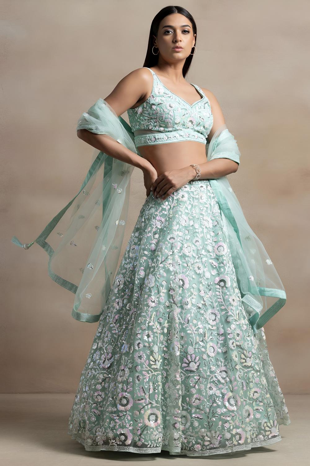 Liliana Blue Soft Net Thread &amp; Sequins Embroidery Work Ready to Wear Lehenga Saree