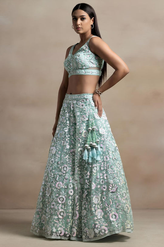 Liliana Blue Soft Net Thread &amp; Sequins Embroidery Work Ready to Wear Lehenga Saree