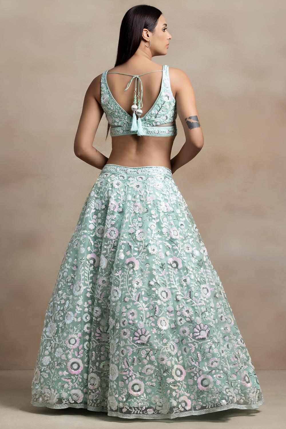 Liliana Blue Soft Net Thread &amp; Sequins Embroidery Work Ready to Wear Lehenga Saree