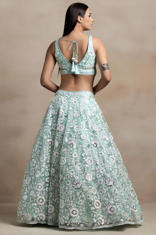 Liliana Blue Soft Net Thread &amp; Sequins Embroidery Work Ready to Wear Lehenga Saree