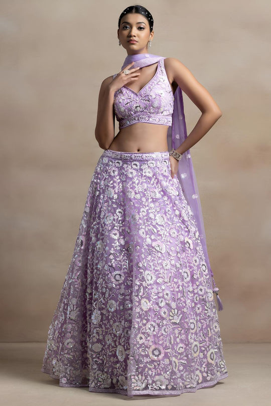 Liliana Lavender Net Thread &amp; Sequins Embroidery Work Ready to Wear Lehenga Saree