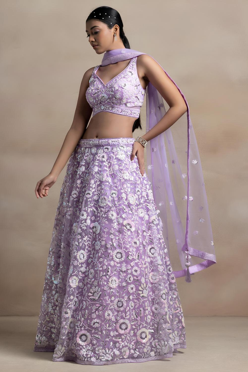 Liliana Lavender Net Thread &amp; Sequins Embroidery Work Ready to Wear Lehenga Saree