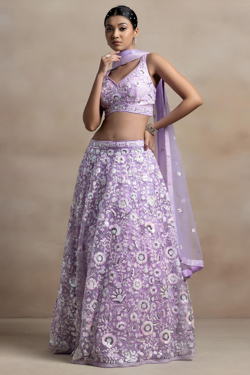 Liliana Lavender Net Thread &amp; Sequins Embroidery Work Ready to Wear Lehenga Saree