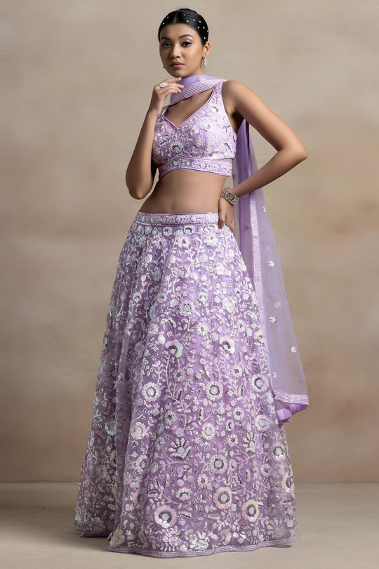 Liliana Lavender Net Thread &amp; Sequins Embroidery Work Ready to Wear Lehenga Saree