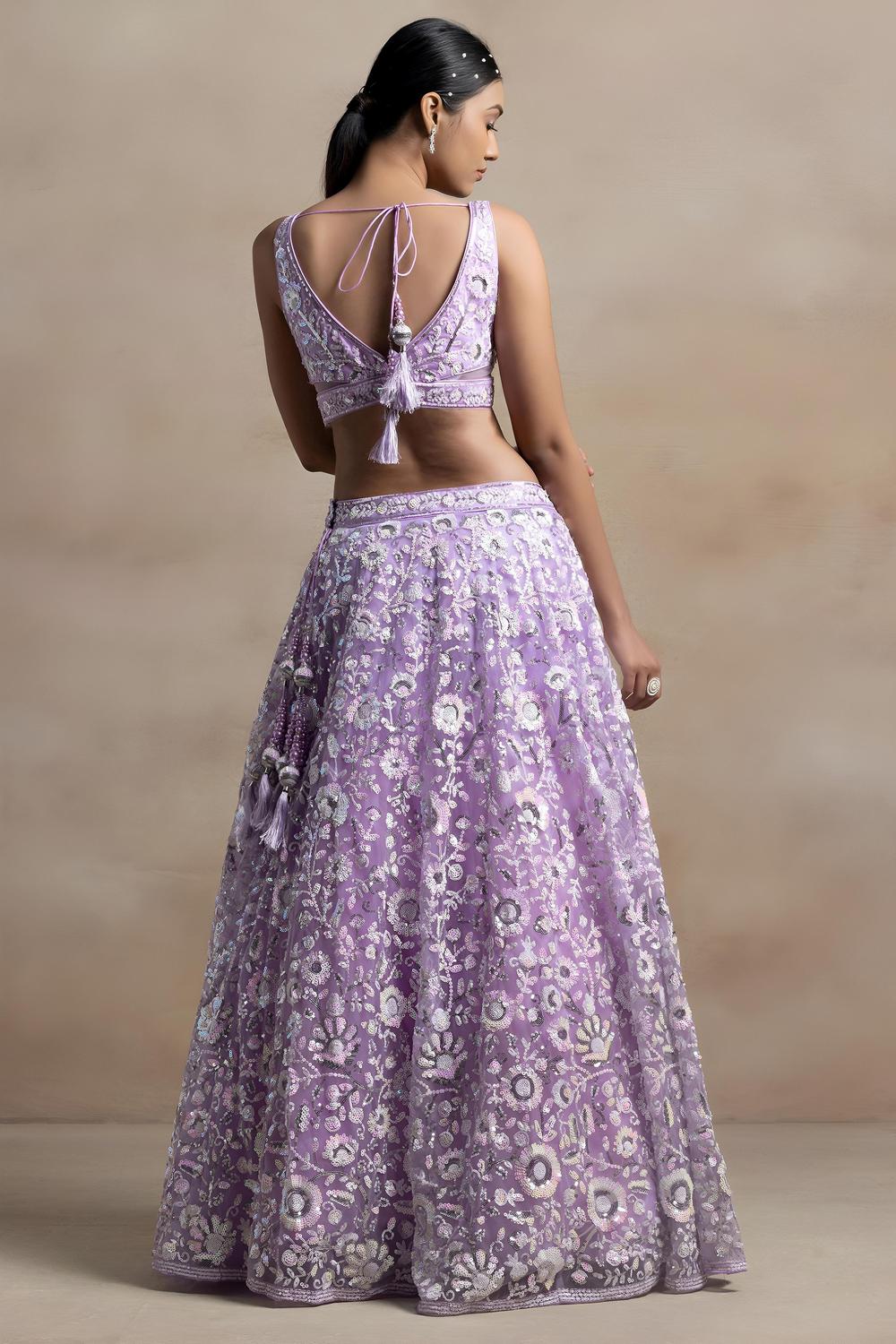 Liliana Lavender Net Thread &amp; Sequins Embroidery Work Ready to Wear Lehenga Saree