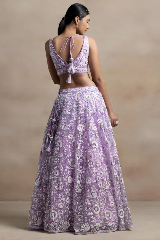 Liliana Lavender Net Thread &amp; Sequins Embroidery Work Ready to Wear Lehenga Saree