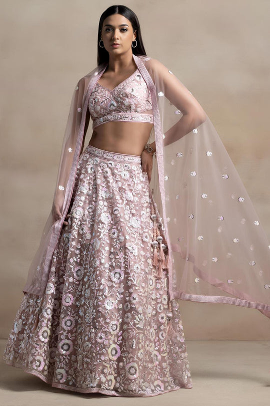 Liliana Baby Pink Net Thread &amp; Sequins Embroidery Work Ready to Wear Lehenga Saree