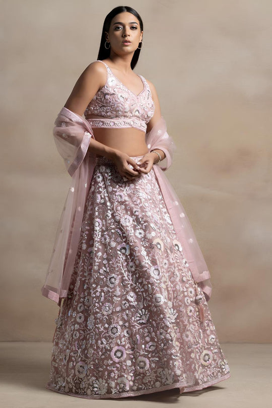 Liliana Baby Pink Net Thread &amp; Sequins Embroidery Work Ready to Wear Lehenga Saree