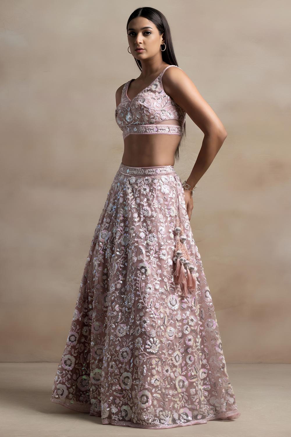 Liliana Baby Pink Net Thread &amp; Sequins Embroidery Work Ready to Wear Lehenga Saree