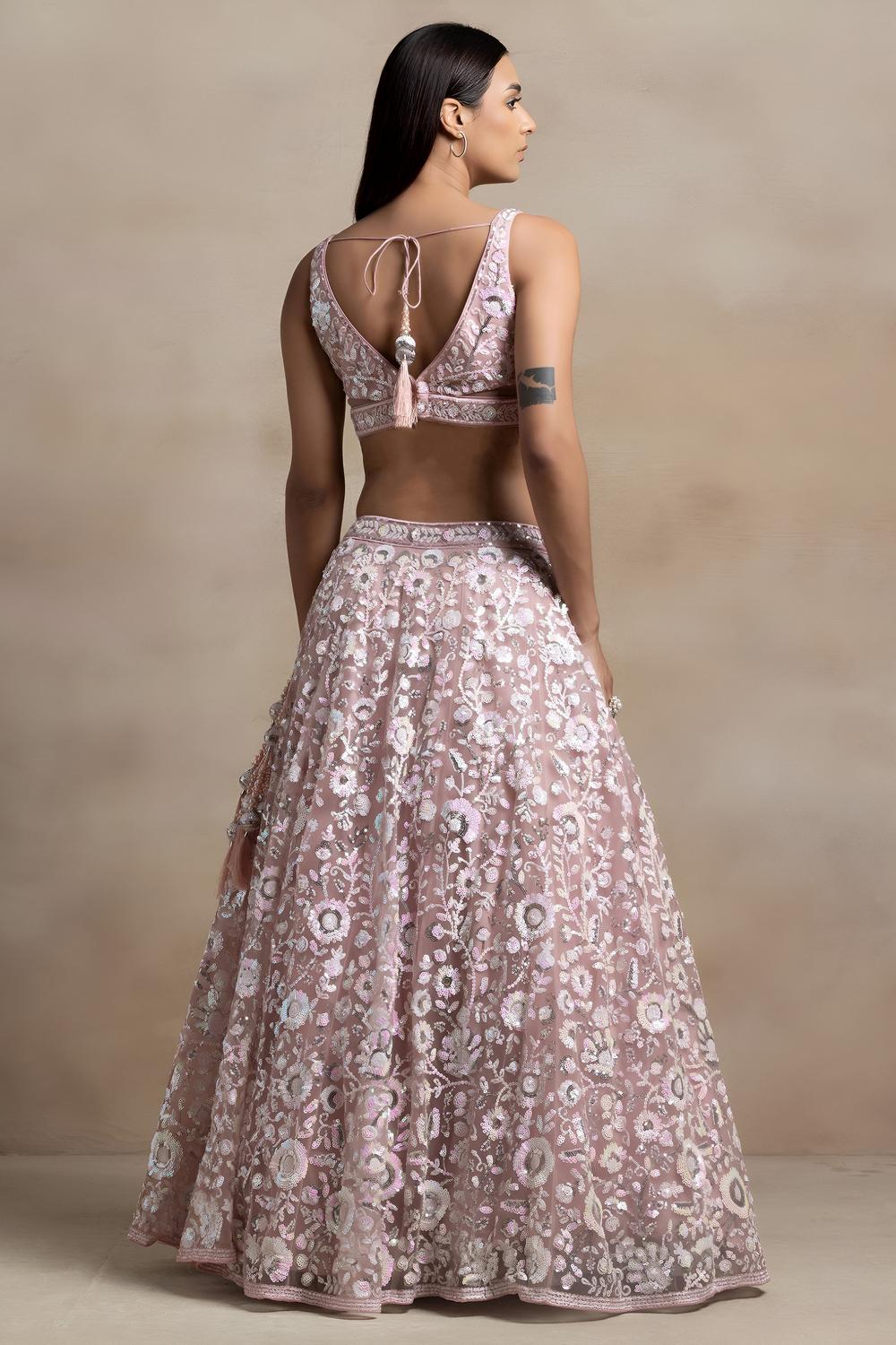 Liliana Baby Pink Net Thread &amp; Sequins Embroidery Work Ready to Wear Lehenga Saree