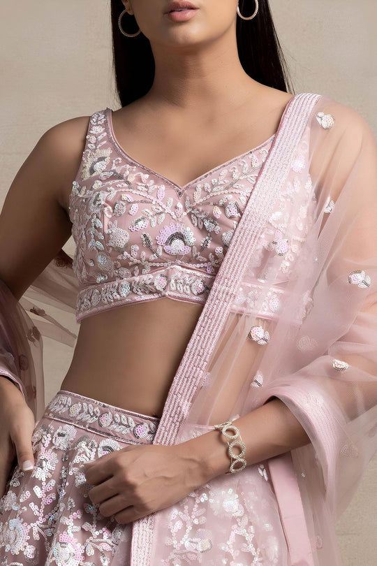 Liliana Baby Pink Net Thread &amp; Sequins Embroidery Work Ready to Wear Lehenga Saree