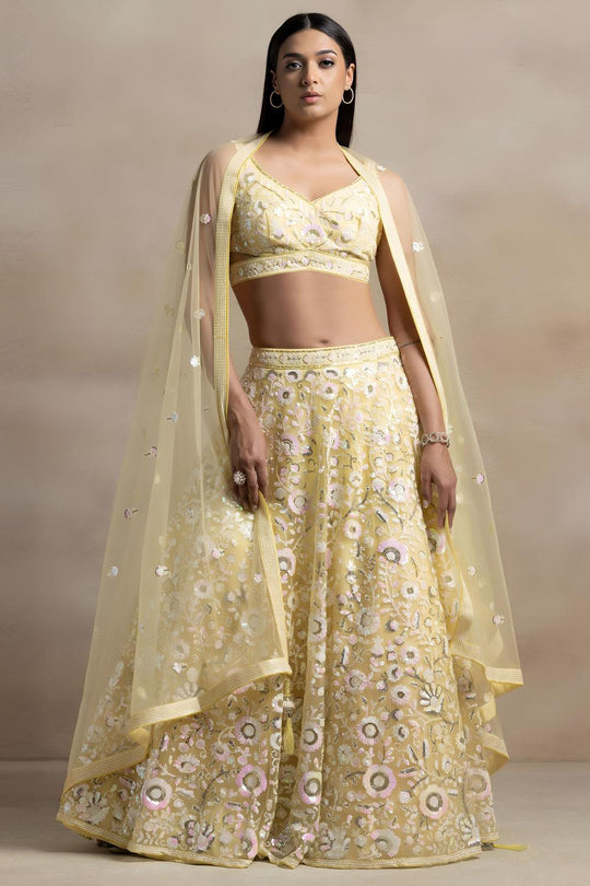 Liliana Pastel Yellow Net Thread &amp; Sequins Embroidery Work Ready to Wear Lehenga Saree