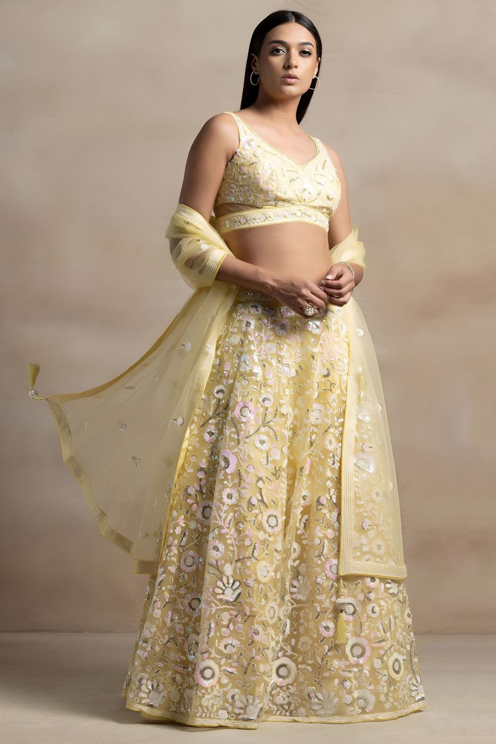 Liliana Pastel Yellow Net Thread &amp; Sequins Embroidery Work Ready to Wear Lehenga Saree