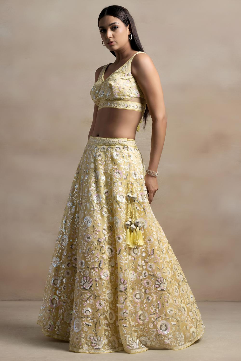 Liliana Pastel Yellow Net Thread &amp; Sequins Embroidery Work Ready to Wear Lehenga Saree