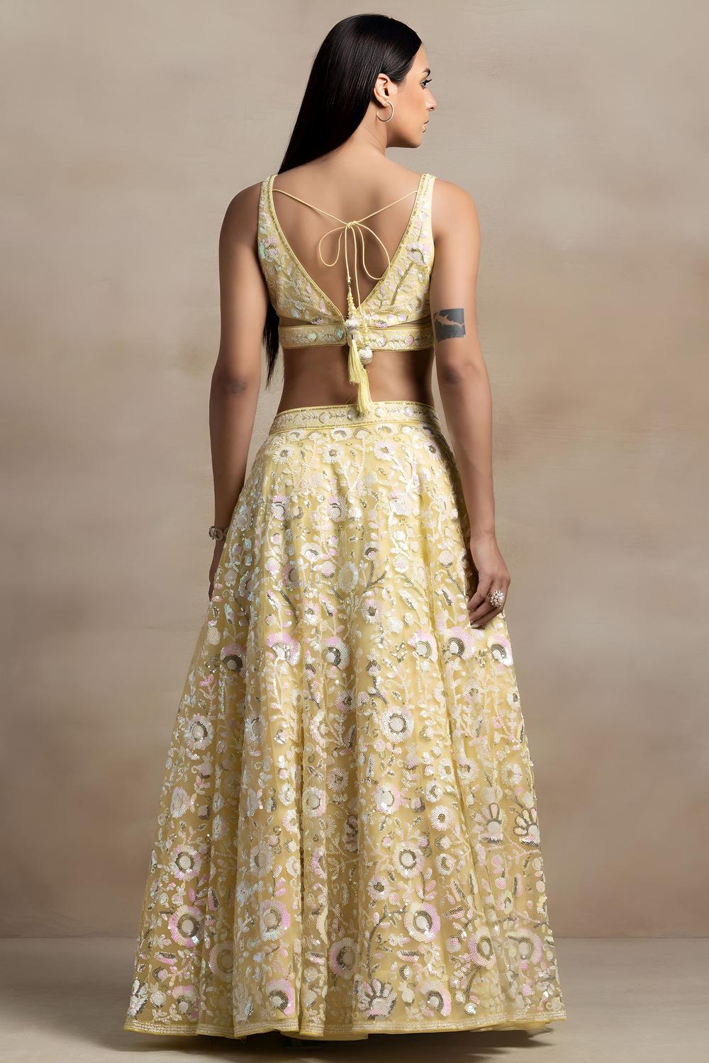Liliana Pastel Yellow Net Thread &amp; Sequins Embroidery Work Ready to Wear Lehenga Saree