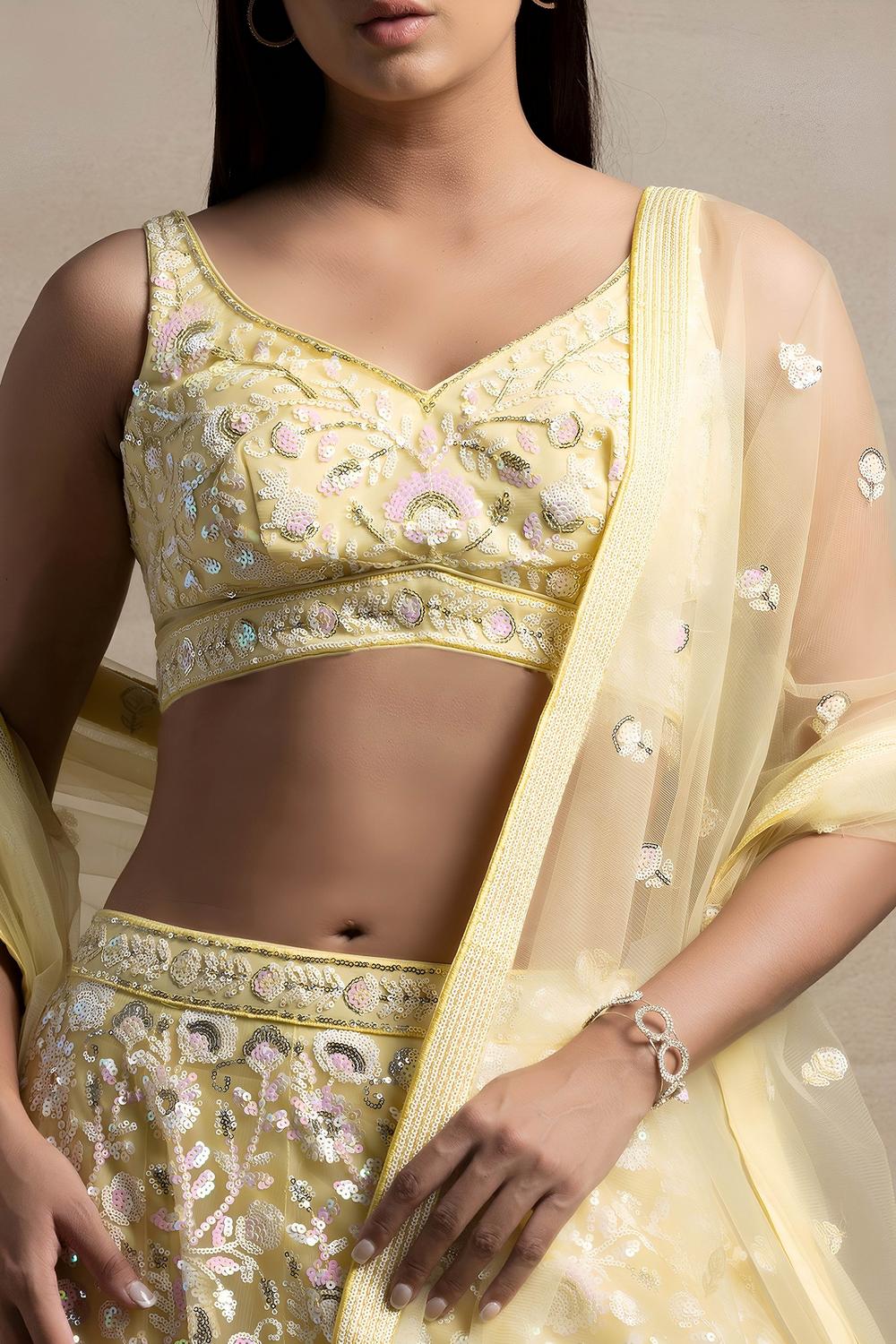 Liliana Pastel Yellow Net Thread &amp; Sequins Embroidery Work Ready to Wear Lehenga Saree