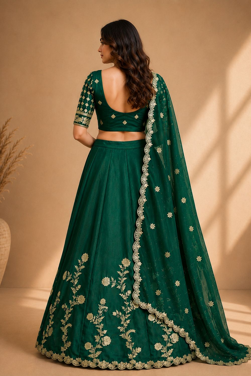 Ishaa Green Silk Floral Zari Embroidered Ready to Wear Lehenga Saree