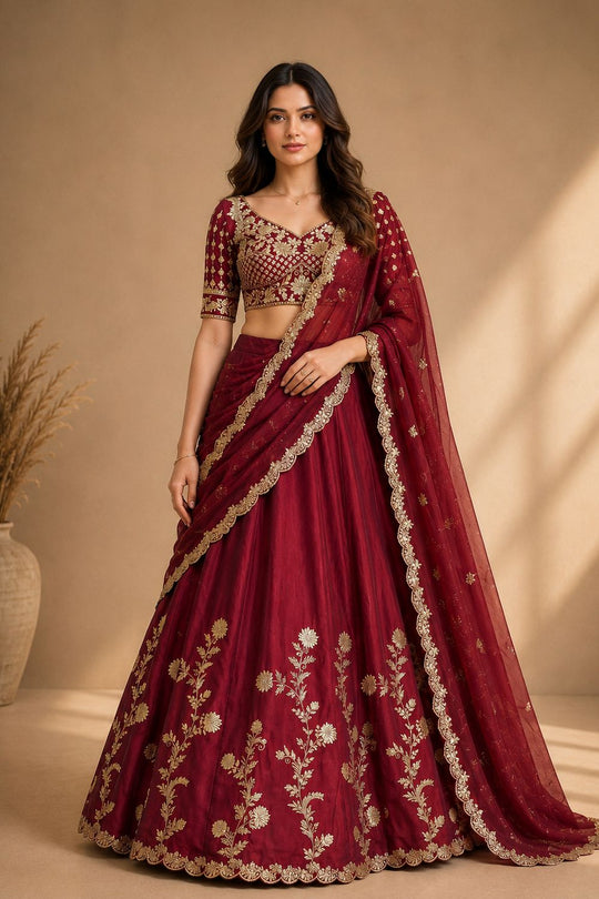 Ishaa Maroon Silk Floral Zari Embroidered Ready to Wear Lehenga Saree