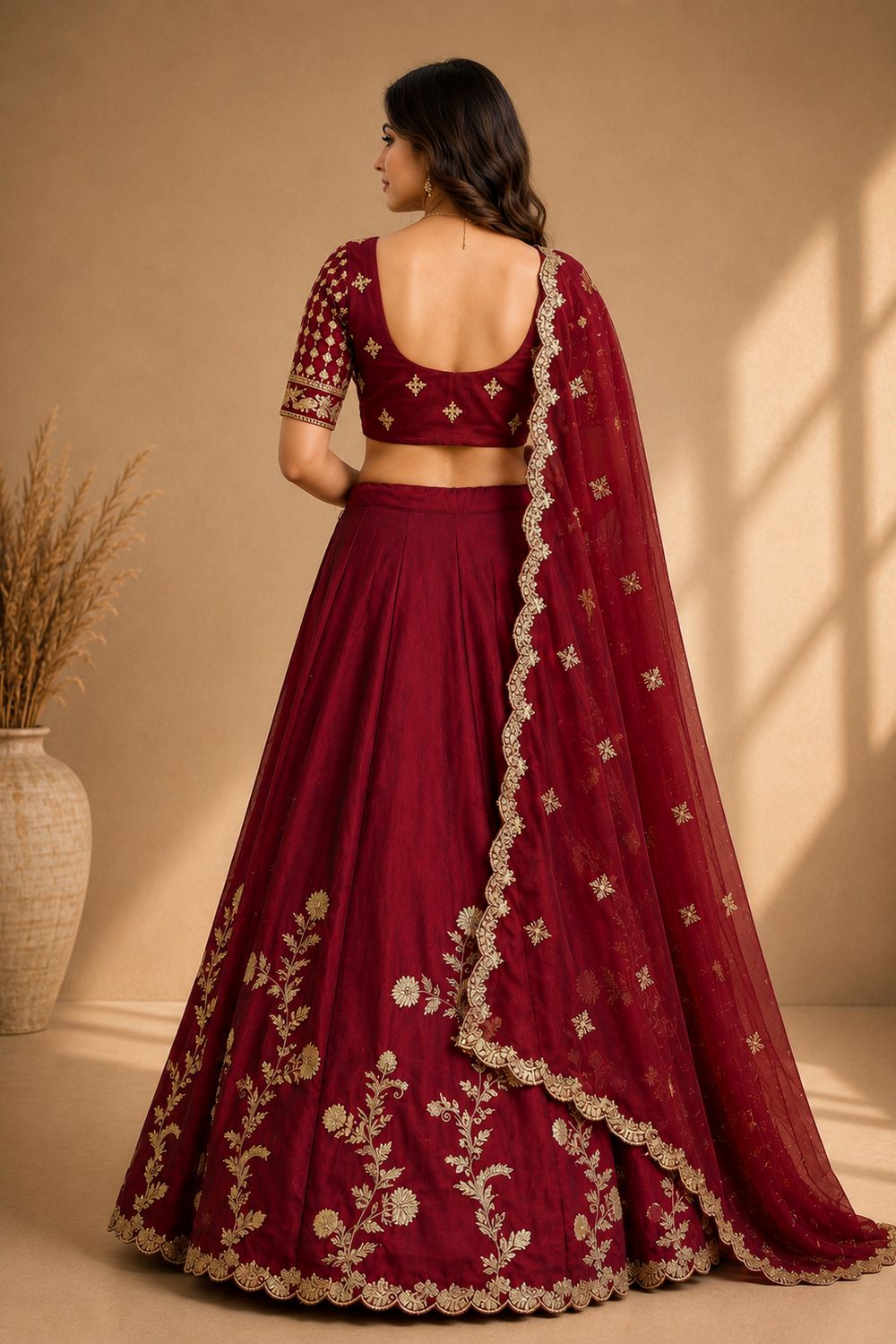 Ishaa Maroon Silk Floral Zari Embroidered Ready to Wear Lehenga Saree