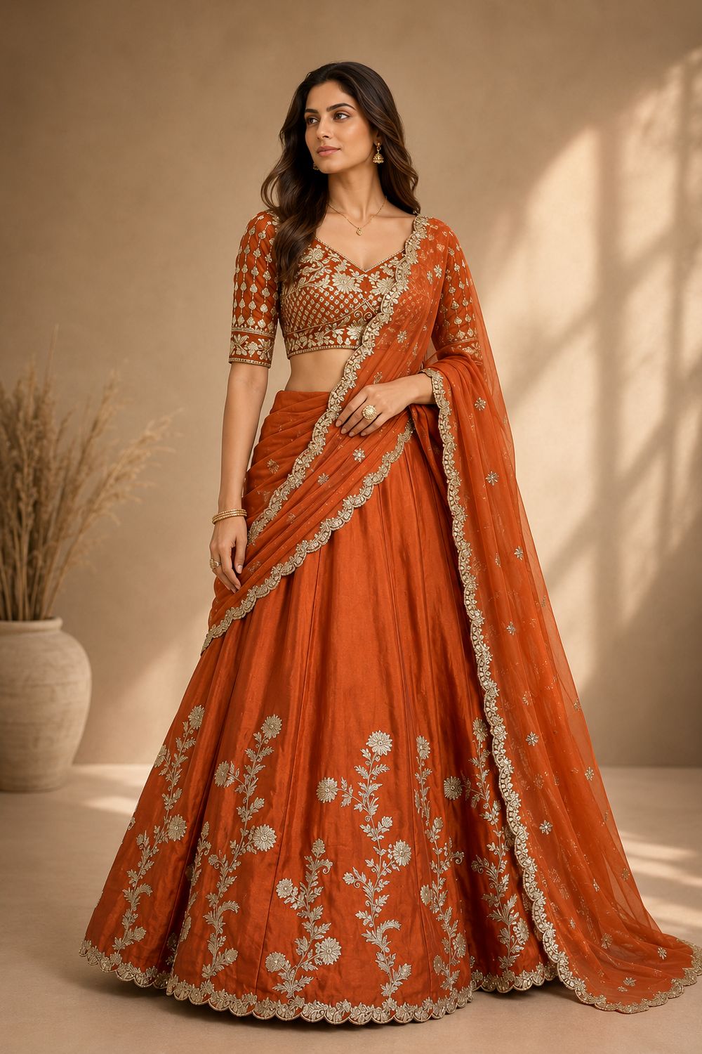 Ishaa Orange Silk Floral Zari Embroidered Ready to Wear Lehenga Saree