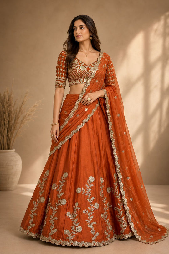 Ishaa Orange Silk Floral Zari Embroidered Ready to Wear Lehenga Saree