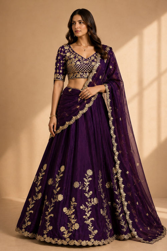 Ishaa Purple Silk Floral Zari Embroidered Ready to Wear Lehenga Saree