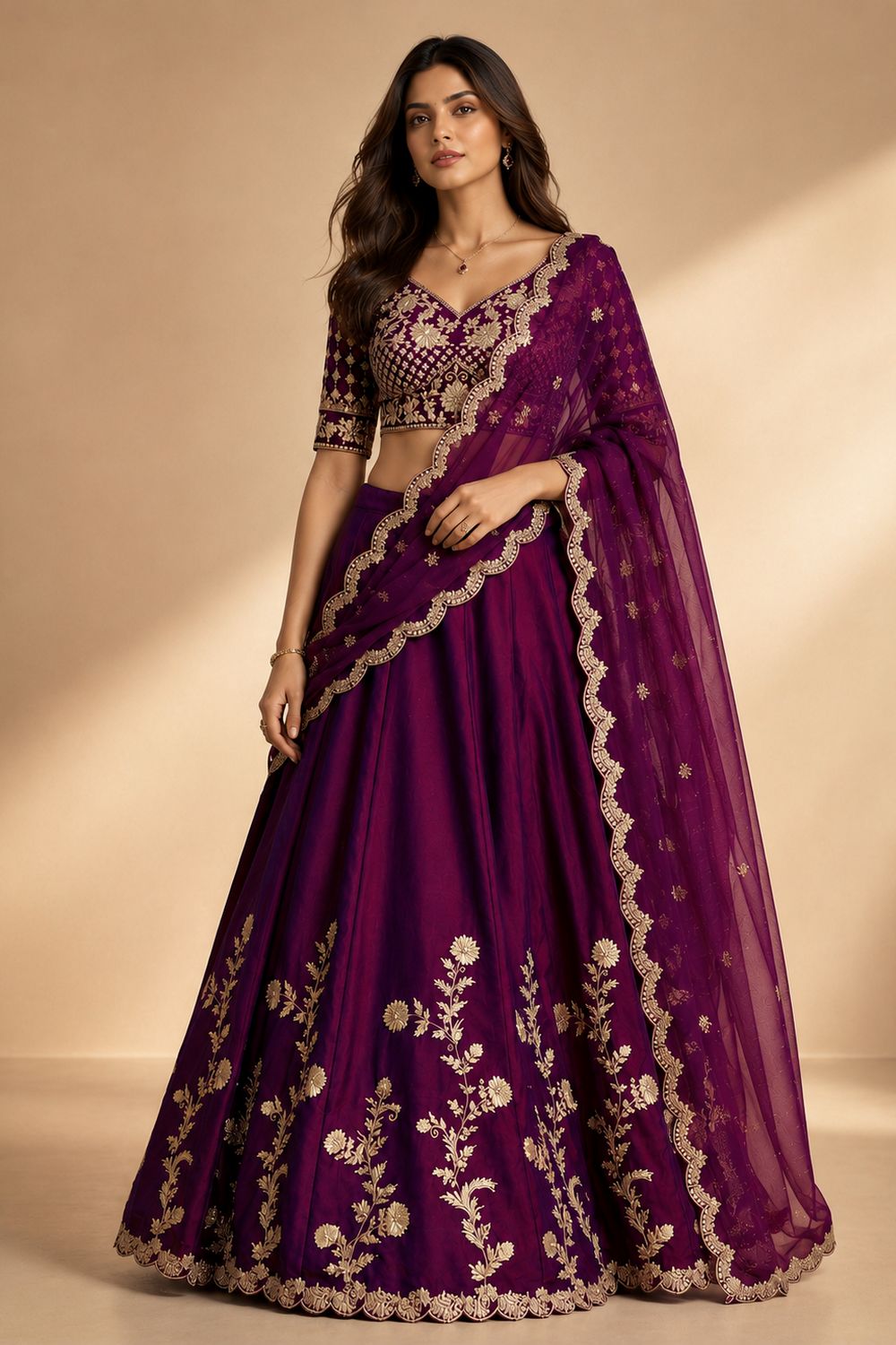Ishaa Wine Silk Floral Zari Embroidered Ready to Wear Lehenga Saree