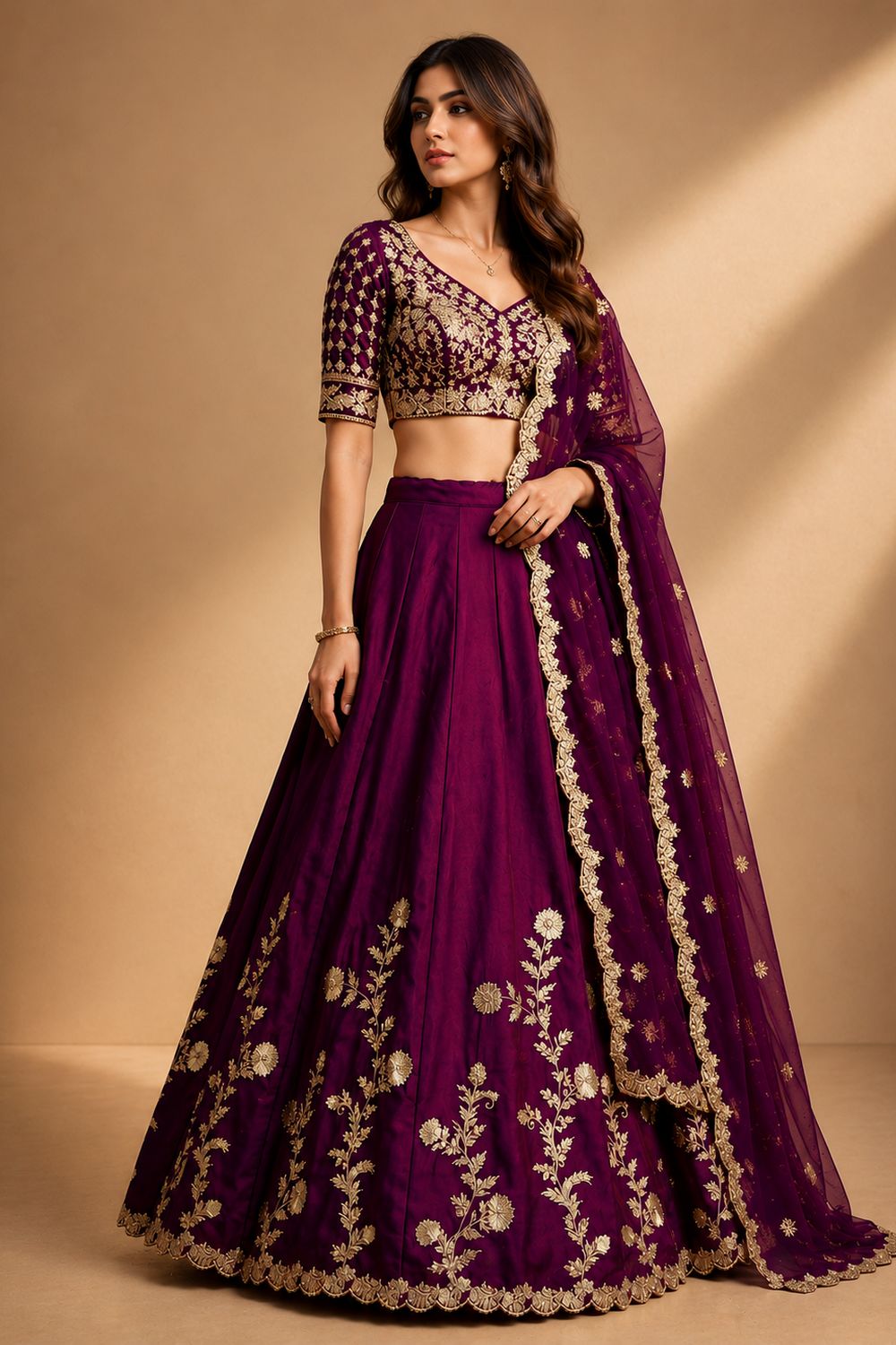Ishaa Wine Silk Floral Zari Embroidered Ready to Wear Lehenga Saree